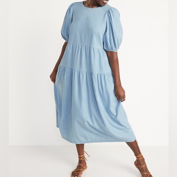 Old Navy Dresses & Skirts - Old Navy denim swing tiered Maxi dress Puff Sleeve casual cotton cottagecore XL